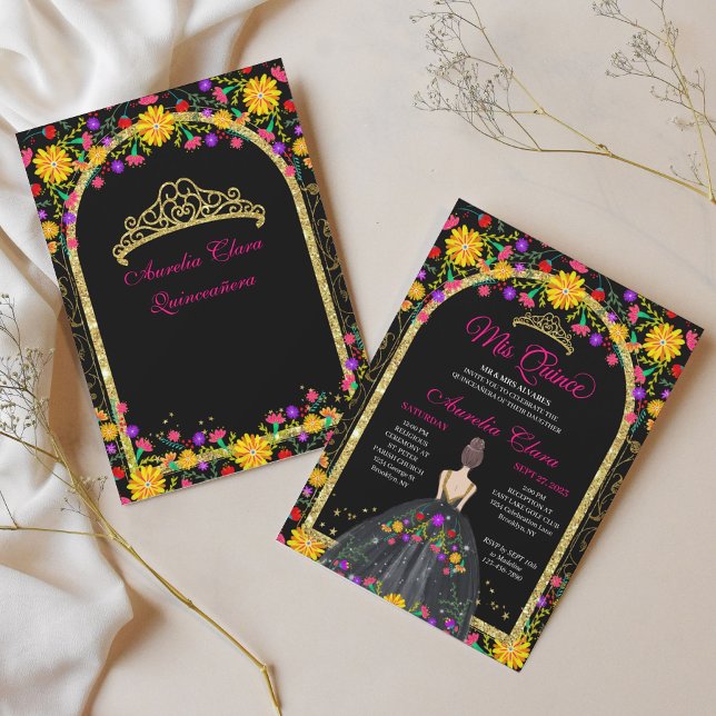 Mexikansk fiesta Blommigt Princess Guld Quinceaner Inbjudningar (Skapare uppladdad)