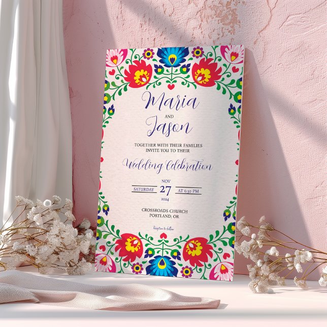 Mexikansk fiesta Colorful Blommigt Botanical Bröll Inbjudningar (Mexican Fiesta Colorful Floral Botanical Wedding Invitation)