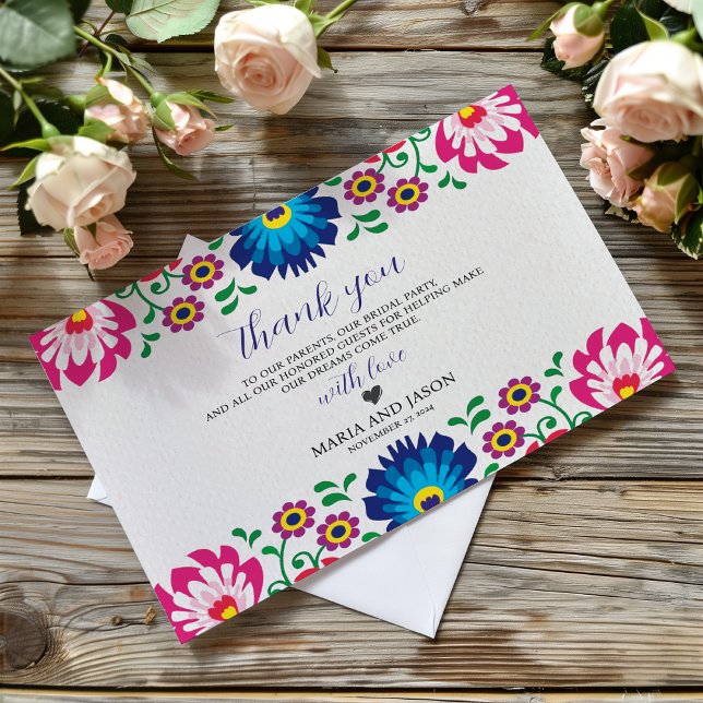 Mexikansk fiesta Colorful Blommigt Botanical Bröll Tack Kort (Mexican Fiesta Colorful Floral Botanical Wedding Thank You Card)
