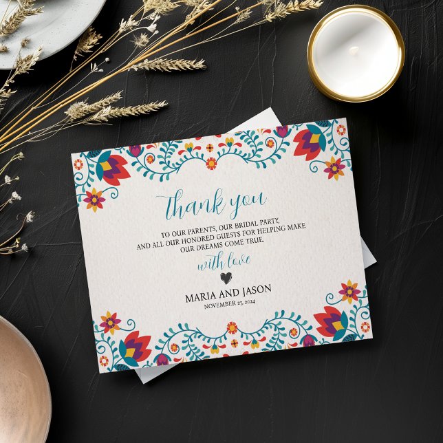 Mexikansk fiesta Colorful botaniska Blommigten Brö Tack Kort (Mexican Fiesta Colorful Botanical Floral Wedding Thank You Card)