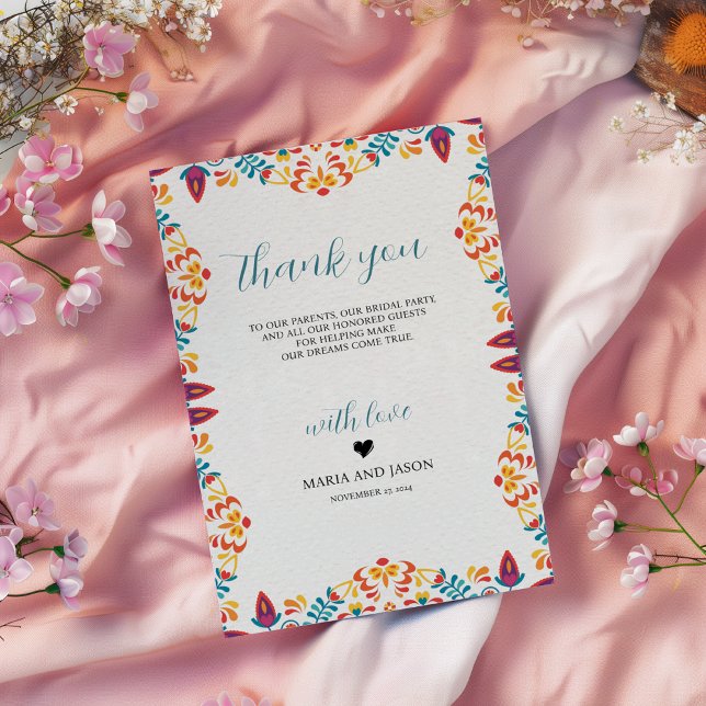 Mexikansk fiesta Elegant Färgfull Blommigt Bröllop Tack Kort (Mexican Fiesta Elegant Colorful Floral Wedding Thank You Card)