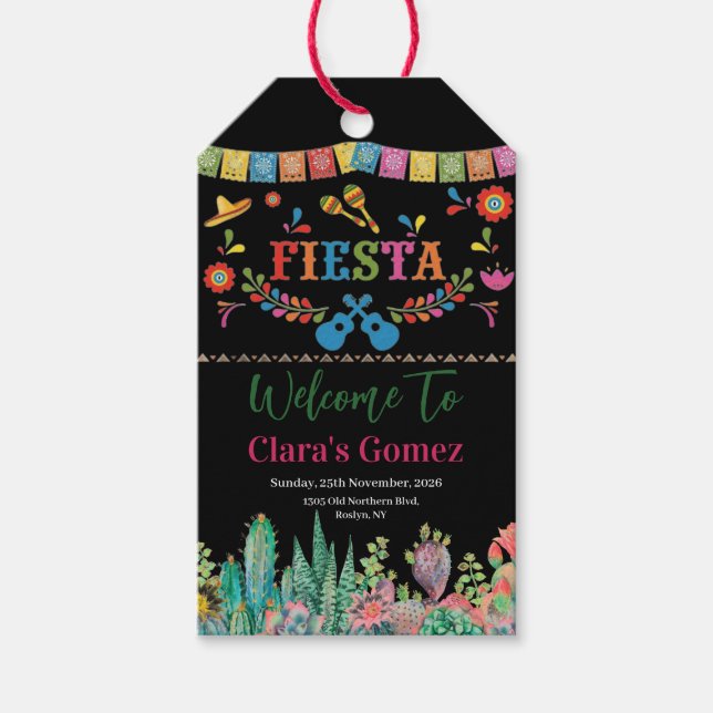 Mexikansk Fiesta Färgrik Kaktus Blommig Bröllopsdu Presentetikett (Framsidan)