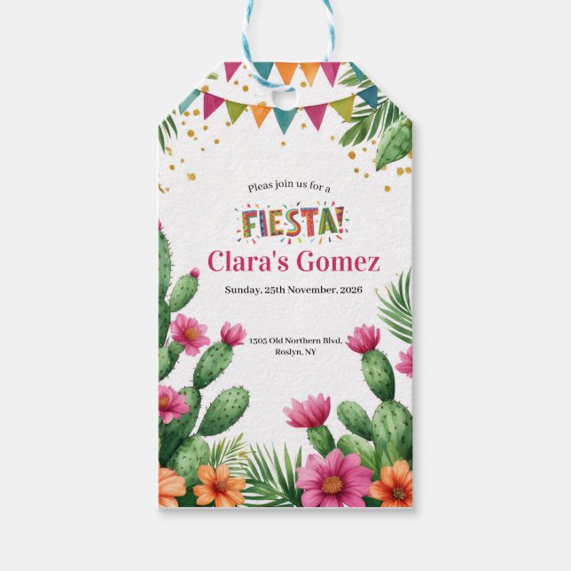 Mexikansk Fiesta Färgrik Kaktus Blommig Bröllopsdu Presentetikett (Framsidan)
