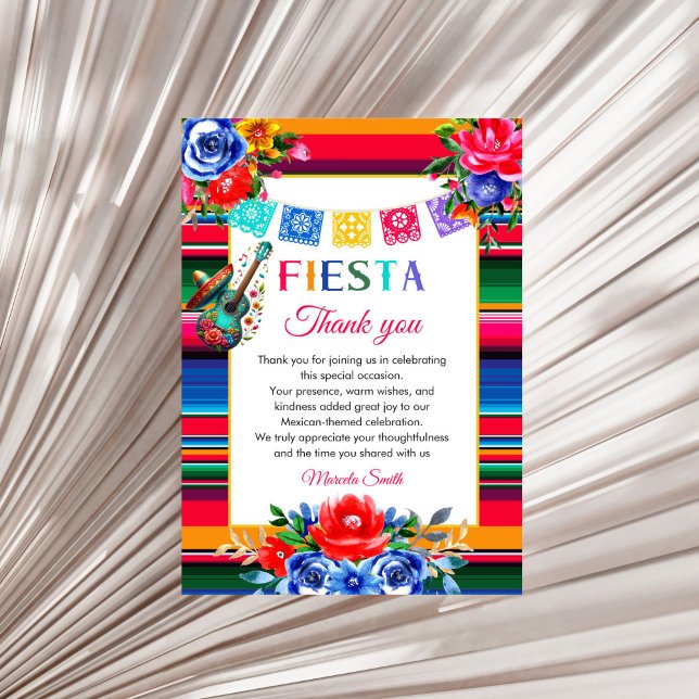 Mexikansk Fiesta Födelsedags Platt Tacksamhetskort Tack Kort (Mexican Serape Floral Fiesta birthday thank you card)