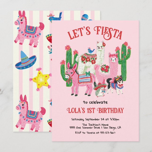 Mexikansk Fiesta Födelsedagsfest Djur Inbjudningar (Fram/baksida)
