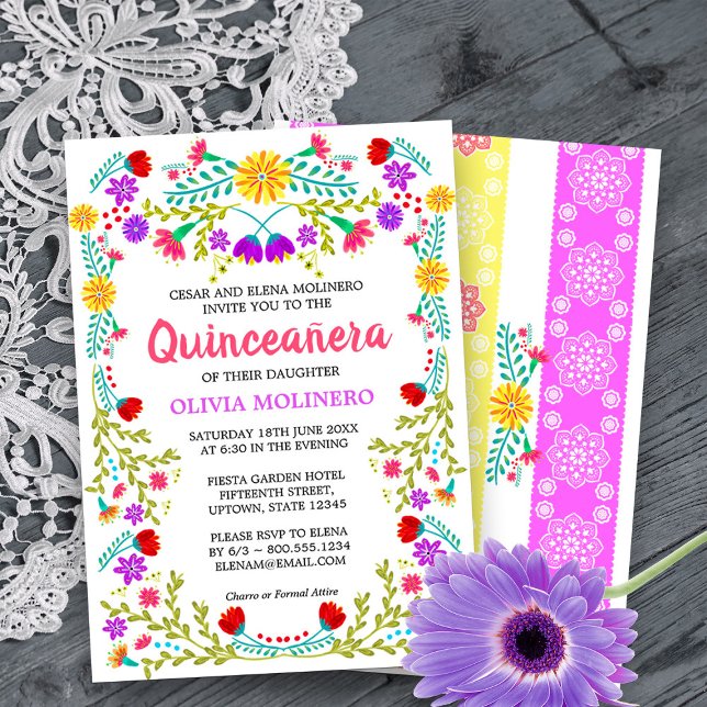 Mexikansk fiesta Folk Art Blommigt Quinceanera Inbjudningar (Quinceanera Invitation from my Mexican Fiesta Flowers Quinceanera Collection -printed or digital)
