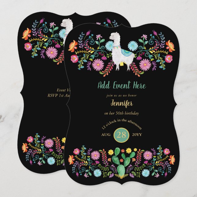 Mexikansk Fiesta Lama Folk Blommor Kaktusar ALLA T Inbjudningar (Fram/baksida)