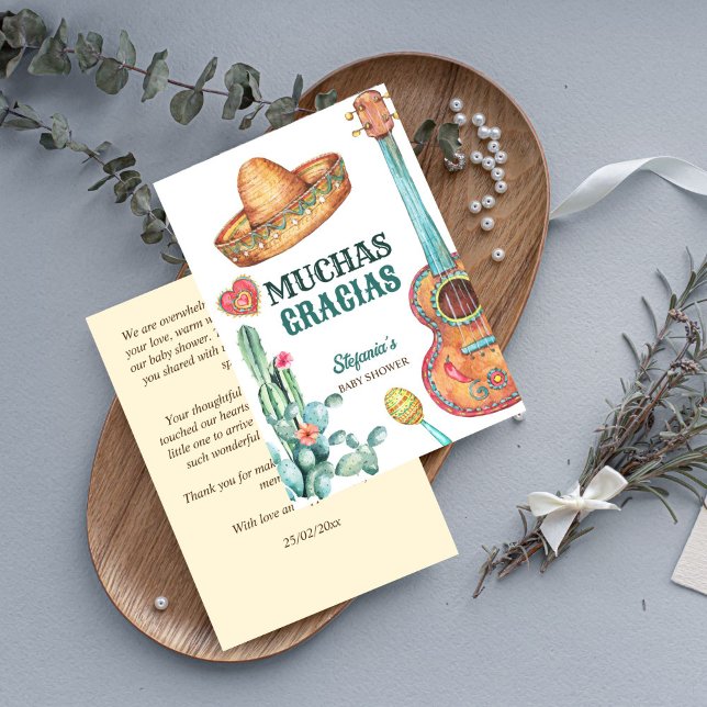 Mexikansk fiesta lilla muchacho-babydusch tack kort (Mexican fiesta little muchacho baby shower thank you card muchas gracias card guitar sombrero cactus)