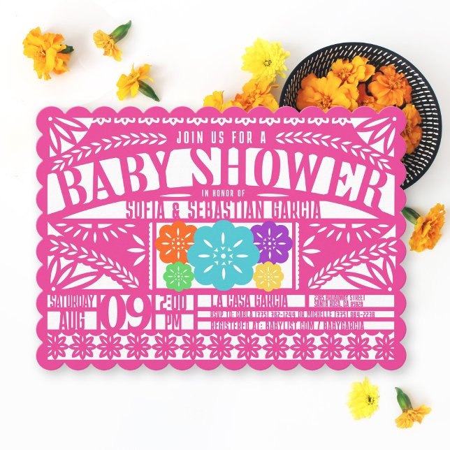 Mexikansk fiesta Papel Picado ROSA Baby Shower Inbjudningar (Colorful bright fuchsia hot pink Papel Picado Flag Banner Mexican Fiesta baby girl shower invitation)