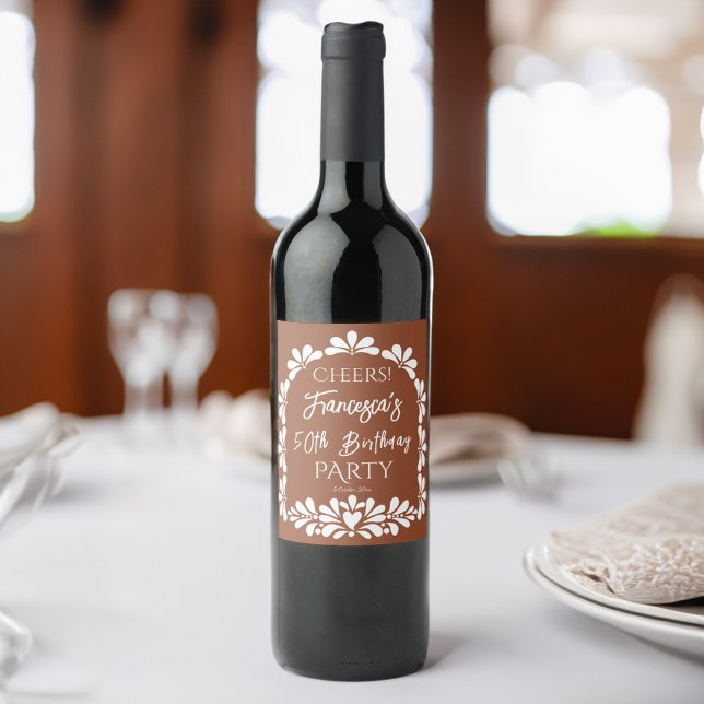 Mexikansk fiesta party terracotta talavera anpassn vinflaska etikett (Mexican fiesta party terracotta talavera custom wine label personalized talavera bottle labels)