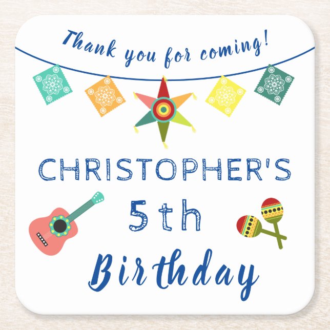 Mexikansk fiesta Roligt Färgfull Barns födelsedag  Underlägg Papper Kvadrat (Framsidan)