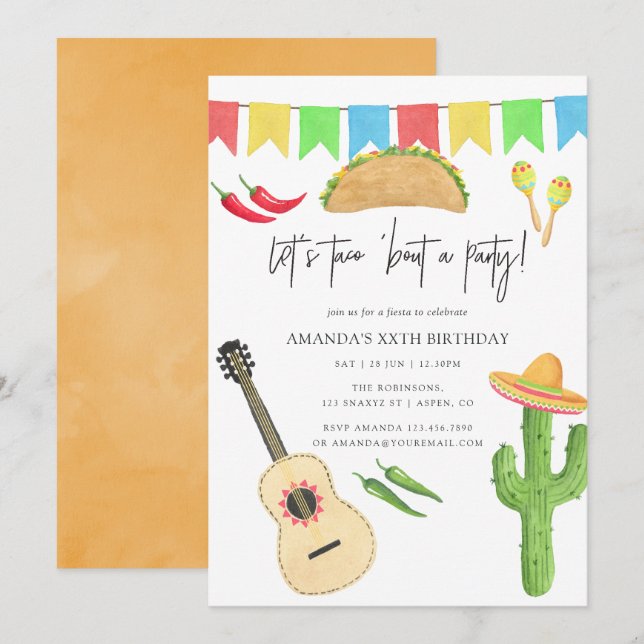 Mexikansk Fiesta Taco temafest firande födelsedags Inbjudningar (Fram/baksida)