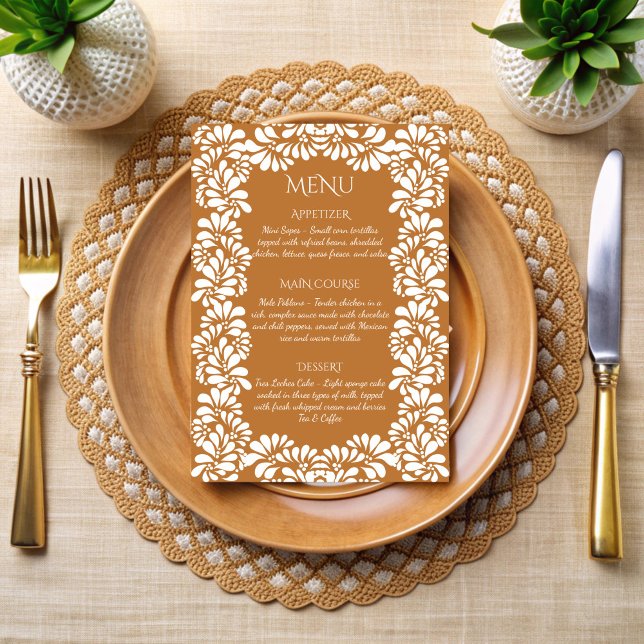 Mexikansk fiesta talavera terracotta meny (Mexican fiesta vintage talavera terracotta menu cards papel picado personalized menu cards )