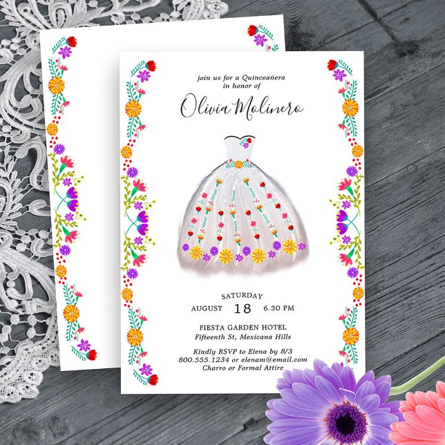 Mexikansk fiesta White Blommigt Charro Quinceanera Inbjudningar (Quinceanera Princess Dress Invitation from my Mexican Fiesta Flowers Quinceanera Collection)