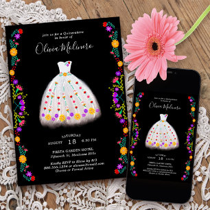 Mexikansk fiesta White Blommigt Princess Quinceane Inbjudningar