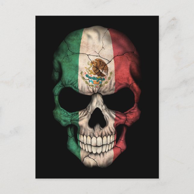Mexikansk Flagga Skull på svart Vykort (Framsida)