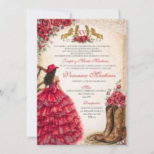 Mexikansk flicka röd blomster charra Quinceañera v Inbjudningar