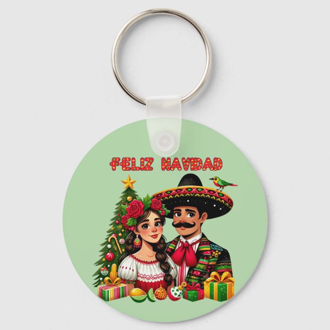 Mexikansk flickman julgran Feliz Navidad art Nyckelring (Framsida)