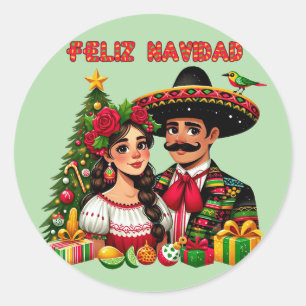 Mexikansk flickman julgran Feliz Navidad art Runt Klistermärke