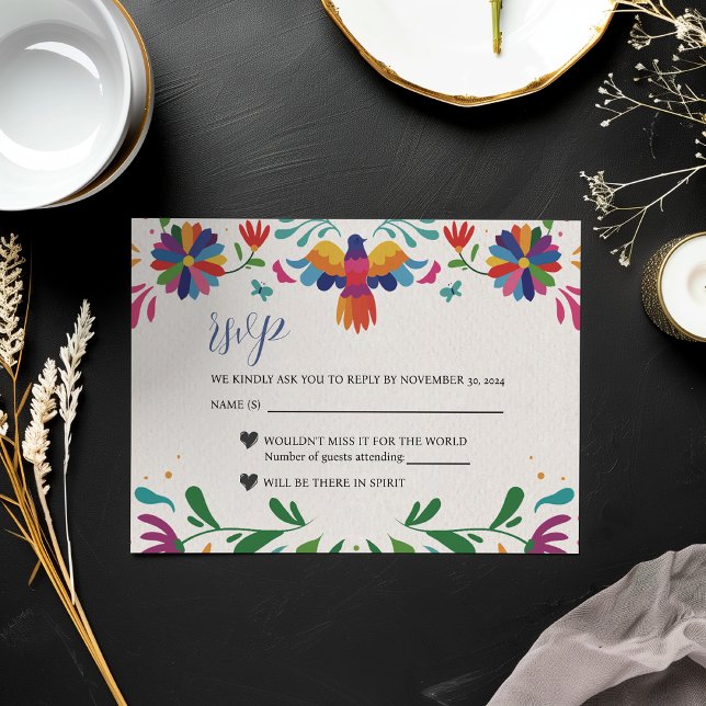 Mexikansk folkart färgfull Blommigt Fiesta Bröllop OSA Kort (Mexican Folk Art Colorful Floral Fiesta Wedding RSVP Card)