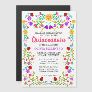 Mexikansk folkart färgfull Blommigt Quinceanera Magnetisk Inbjudningskort