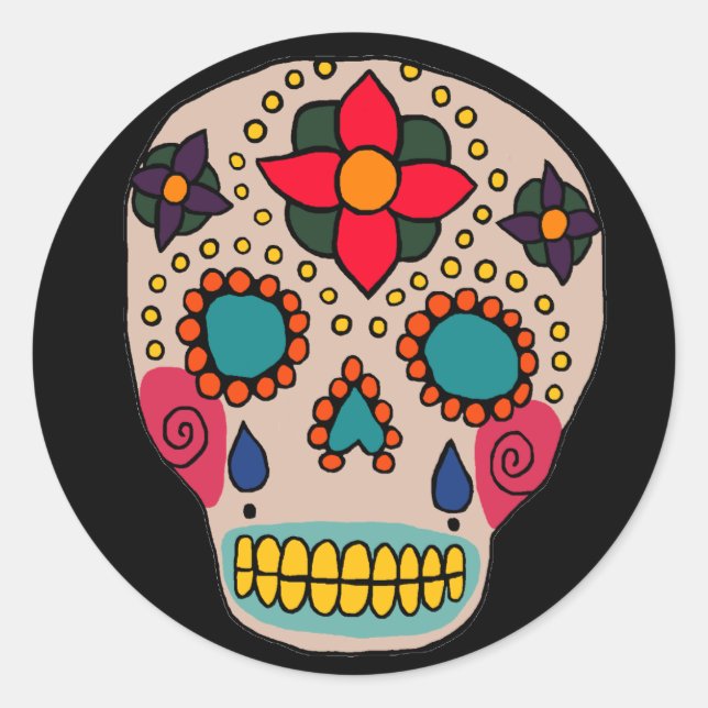 Mexikansk folkart Sugar Skull Runt Klistermärke (Framsida)