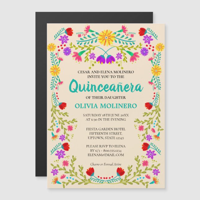 Mexikansk Folkkonst Blommig Champange Quinceanera Magnetisk Inbjudningskort (Fram/baksida)