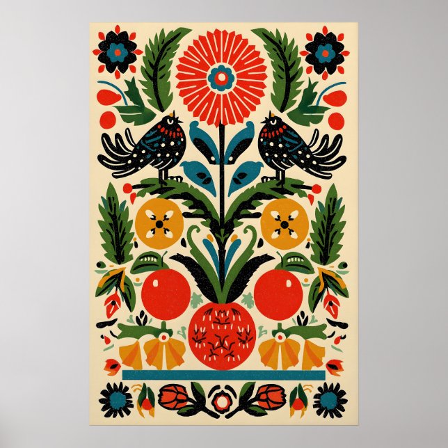 Mexikansk folkkonst – Färgglad Fågel och Blommotiv Poster (Framsidan)