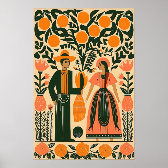 Mexikansk Folkkonst Tryck Par Under Orange Träd (Framsidan)