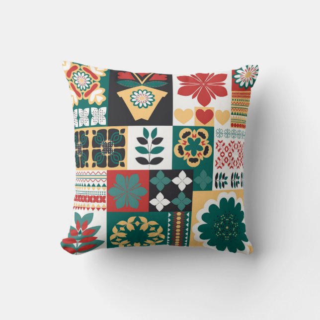 Mexikansk geometri: Red Grönt Ornament. Kudde (Framsida)