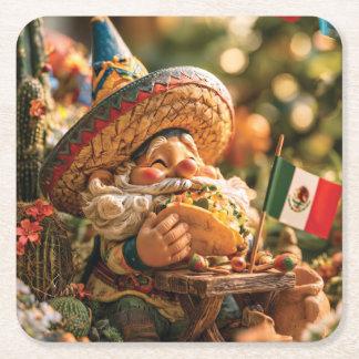 Mexikansk Gnome som äter en Taco iförd en Sombrero Underlägg Papper Kvadrat