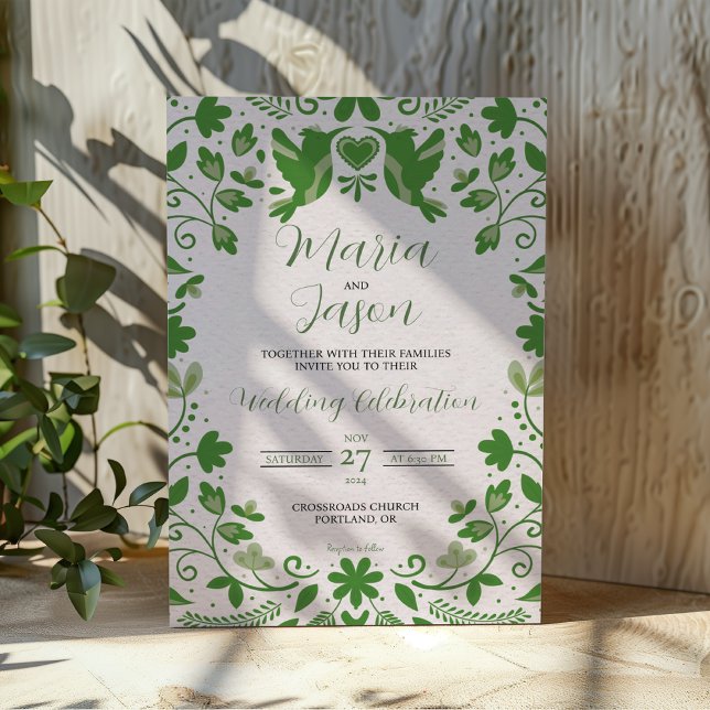 Mexikansk Grönt Blommigt Romantic Aesthetic Bröllo Inbjudningar (Mexican Green Floral Romantic Aesthetic Wedding Invitation)