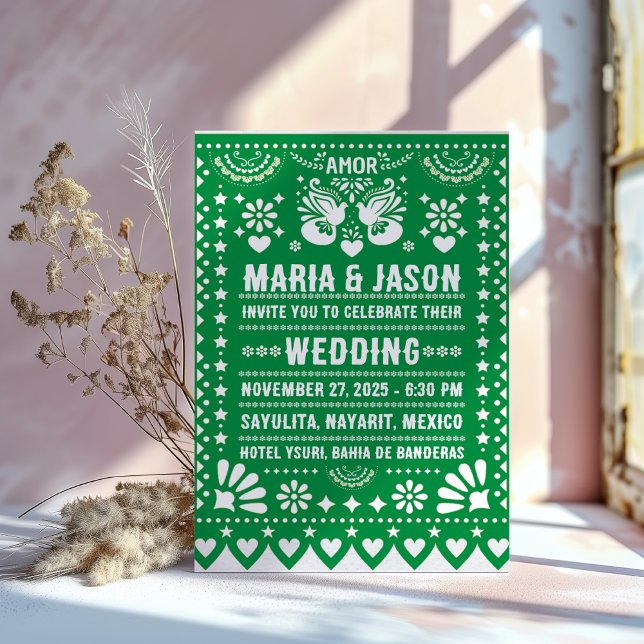 Mexikansk Grönt Papel Picado Fiesta Folk Art Bröll Inbjudningar (Mexican Green Papel Picado Fiesta Folk Art Wedding Invitation)