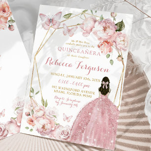 Mexikansk Guld Rosa Blommigt Princess Quinceañera Inbjudningar