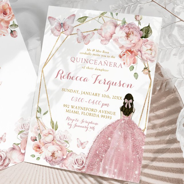 Mexikansk Guld Rosa Blommigt Princess Quinceañera Inbjudningar (Skapare uppladdad)