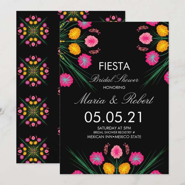 Mexikansk Handritad Blommig Svart Rosa Bröllopsfes Inbjudningar (Fram/baksida)