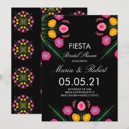 Mexikansk Handritad Blommig Svart Rosa Bröllopsfes Inbjudningar