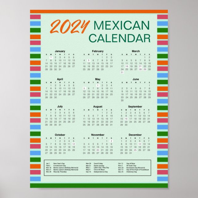 Mexikansk kalender 2024 med Helgdagar | Hämta PDF Poster (Framsidan)