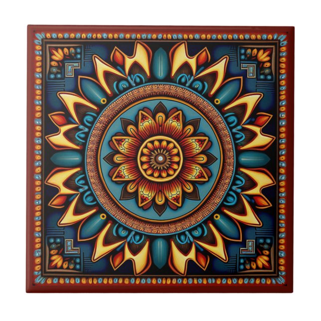 Mexikansk keramisk ruta 1/12 för huichol stil kakelplatta (Framsidan)