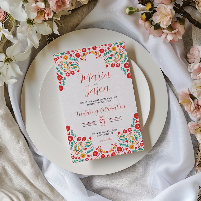 Mexikansk kolorfull botanisk-rumänska Blommigten B Inbjudningar (Mexican Colorful Botanical Romantic Floral Wedding Invitation)