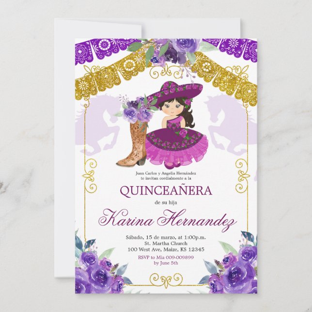 Mexikansk Lila & Guld Girl Boot Charra Mis Quince Inbjudningar (Framsida)