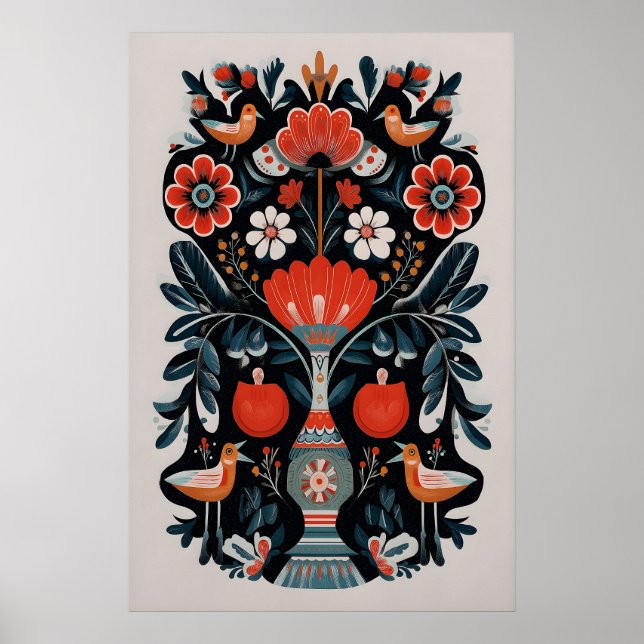 Mexikansk Livets Träd Konsttryck Mörk Blommig Boho Poster (Framsidan)