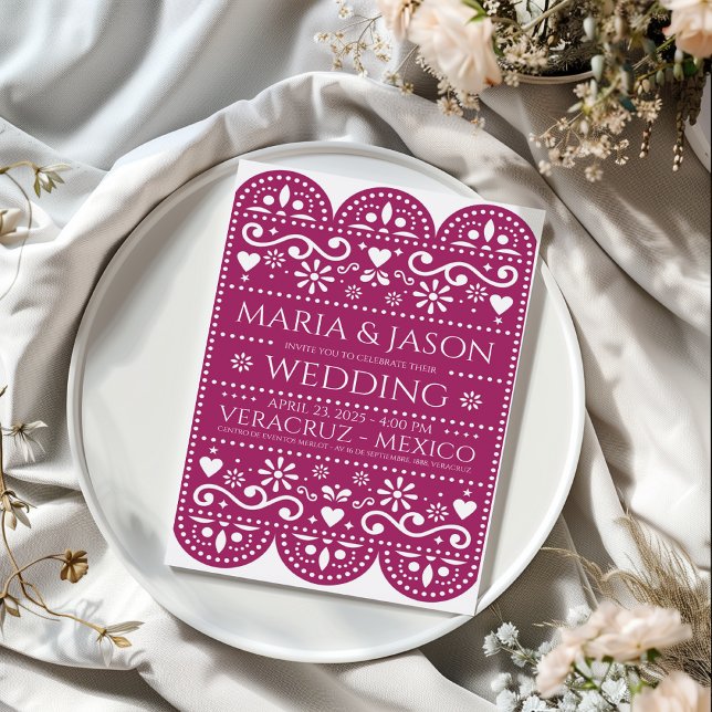 Mexikansk Magenta Papel Picado Folk Art Bröllop Inbjudningar (Mexican Magenta Papel Picado Folk Art Wedding Invitation)