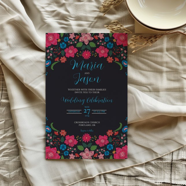 Mexikansk marin Blommigt Färgfull Elegant Boda Brö Inbjudningar (Mexican Navy Floral Colorful Elegant Boda Wedding Invitation)