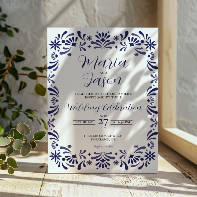 Mexikansk marinblå lavender Blommigt Elegant bröll Inbjudningar (Mexican Navy Blue Lavender Floral Elegant Wedding Invitation)