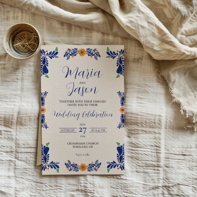 Mexikansk marinblå minimalistisk blomklassisk bröl inbjudningar (Mexican Navy Blue Minimalist Floral Classy Wedding Invitation)