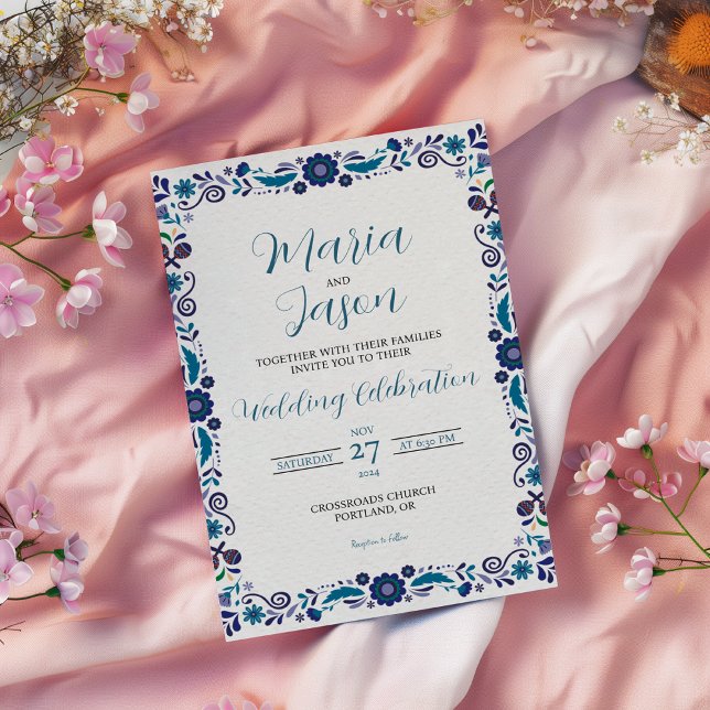 Mexikansk marinvit Blommigt Elegant Classic Bröllo Inbjudningar (Mexican Navy White Floral Elegant Classic Wedding Invitation)