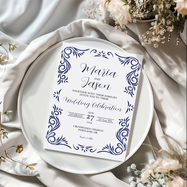 Mexikansk marinvit Vintage Formellt Elegant bröllo Inbjudningar (Mexican Navy White Vintage Formal Elegant Wedding Invitation)