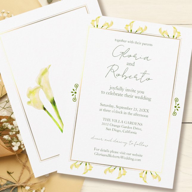 Mexikansk minimalistisk Calla Lily & Golden Bröllo Inbjudningar (Skapare uppladdad)