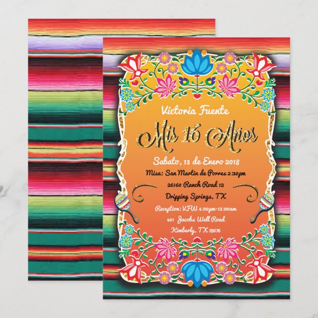 Mexikansk mis 16 Anos Party Guld Glitter Inbjudningar (Fram/baksida)